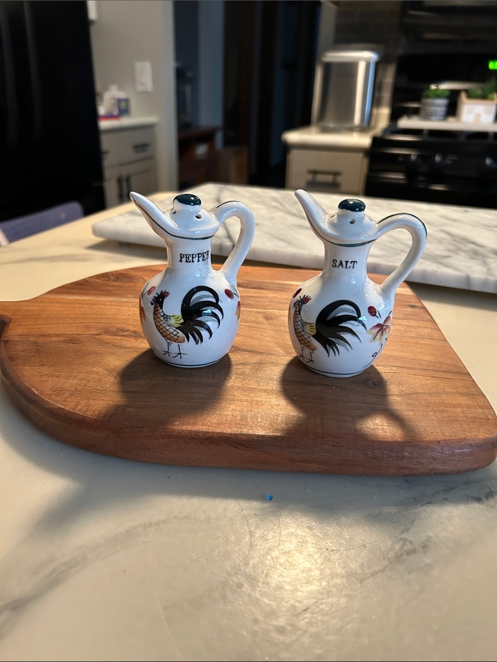 Vintage Hand Painted Rooster Salt and Pepper Cruet shaped  Set - White Ceramic